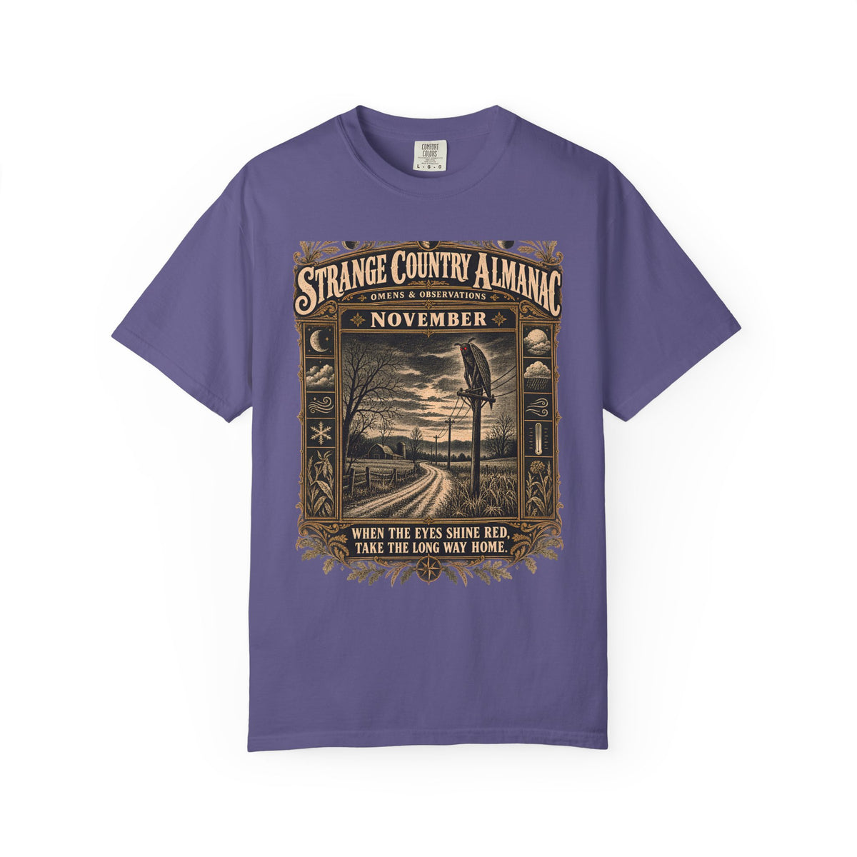 Red-Eyed Visitor Mothman T-Shirt in Grape, front view