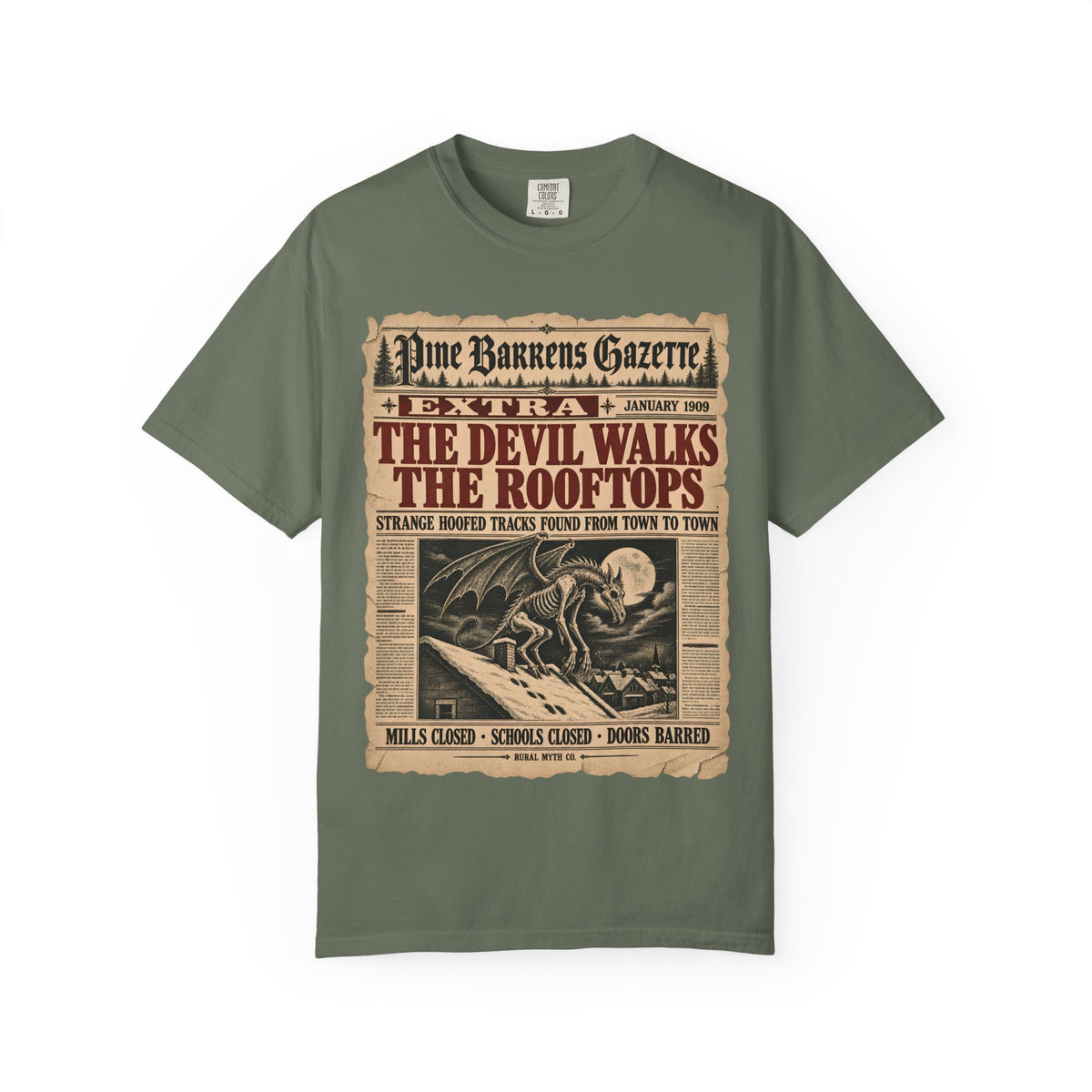 Jersey Devil Gazette Extra T-Shirt in Moss, front view