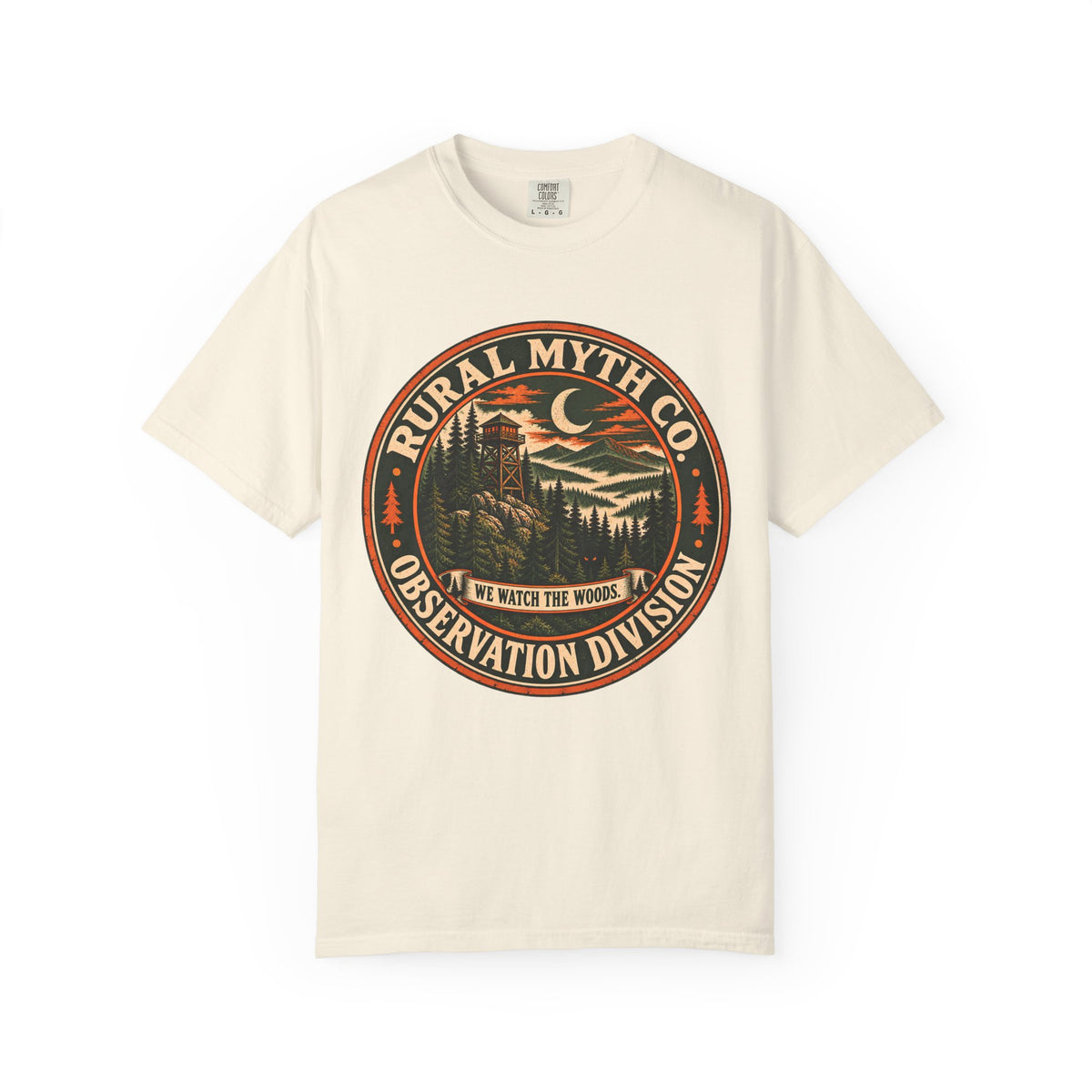 Fire Lookout Cryptid Badge T-Shirt in Ivory, front view