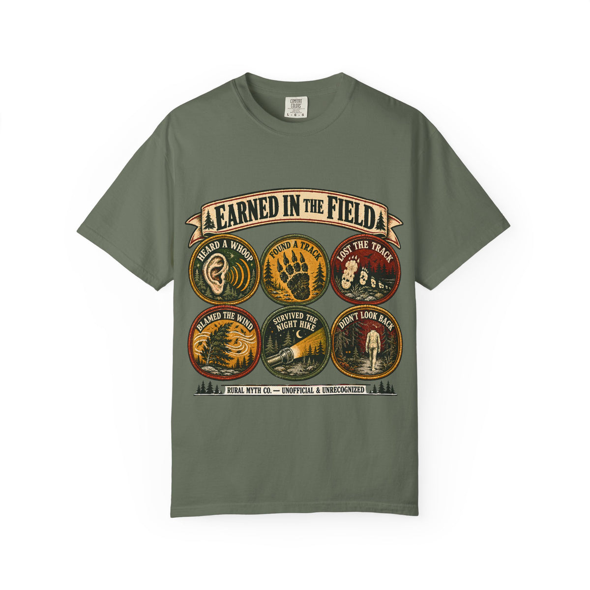 Bigfoot Hunter Badges T-Shirt in Moss, front view