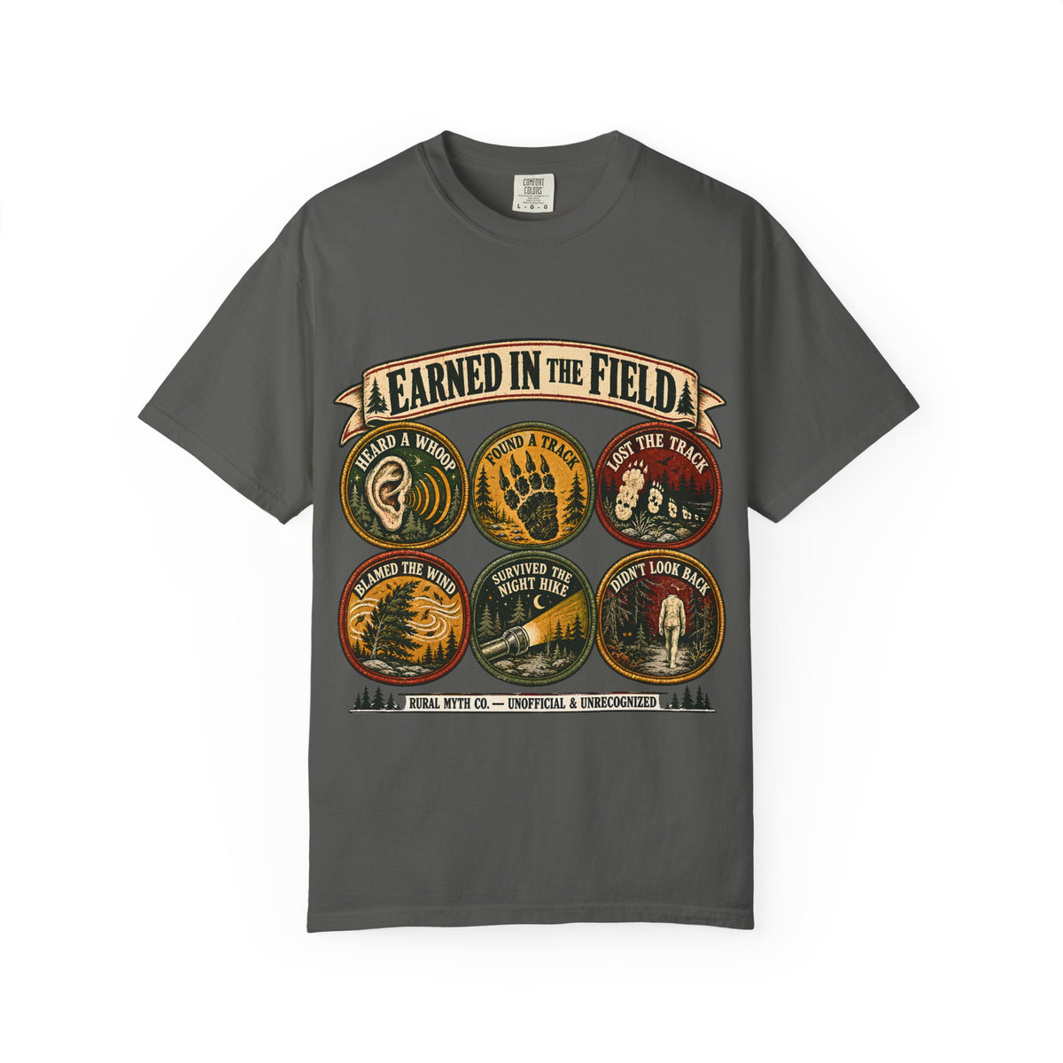 Bigfoot Hunter Badges T-Shirt in Pepper, front view