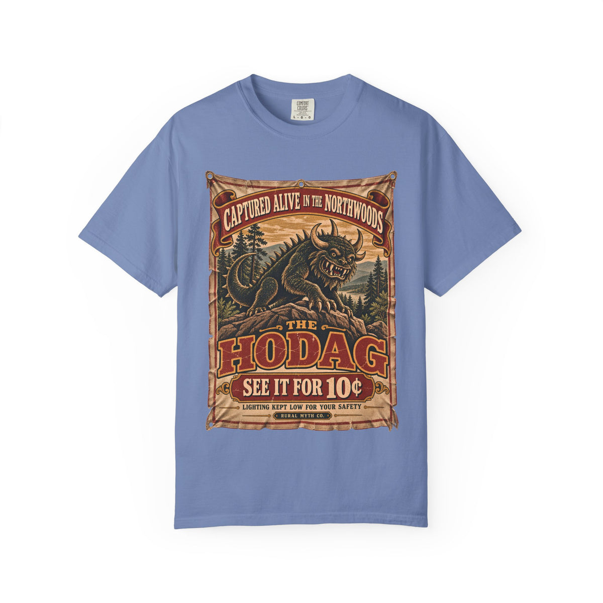 Hodag Sideshow Banner T-Shirt in Washed Denim, front view