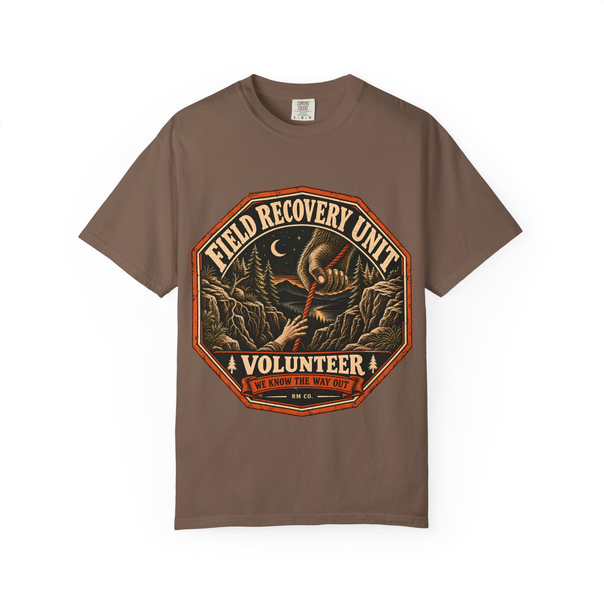 Bigfoot Rescue Patch T-Shirt in Espresso, front view