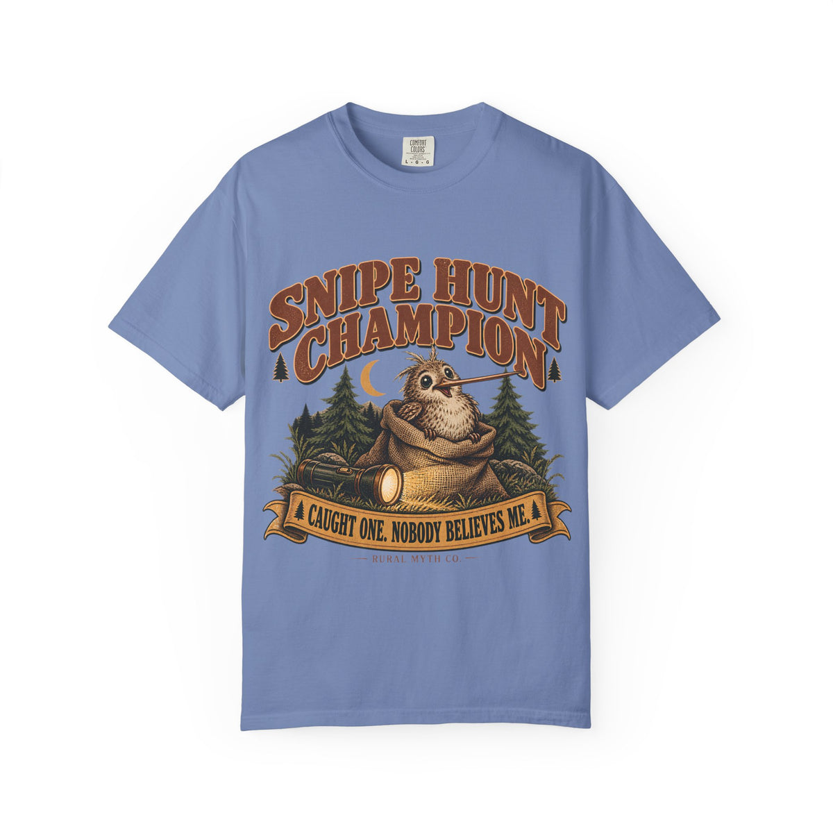 Snipe Hunt Champion T-Shirt in Washed Denim, front view