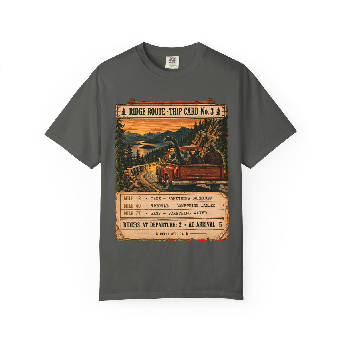 Cryptid Hitchhikers Pickup Truck T-Shirt in Pepper, front view