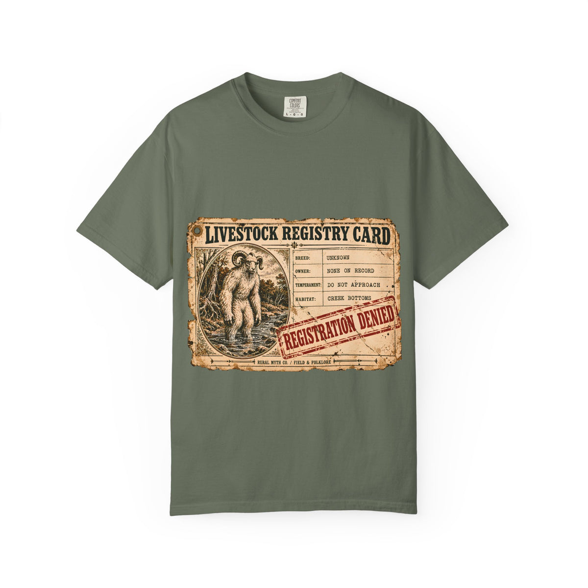 Sheepsquatch Livestock Card T-Shirt in Moss, front view