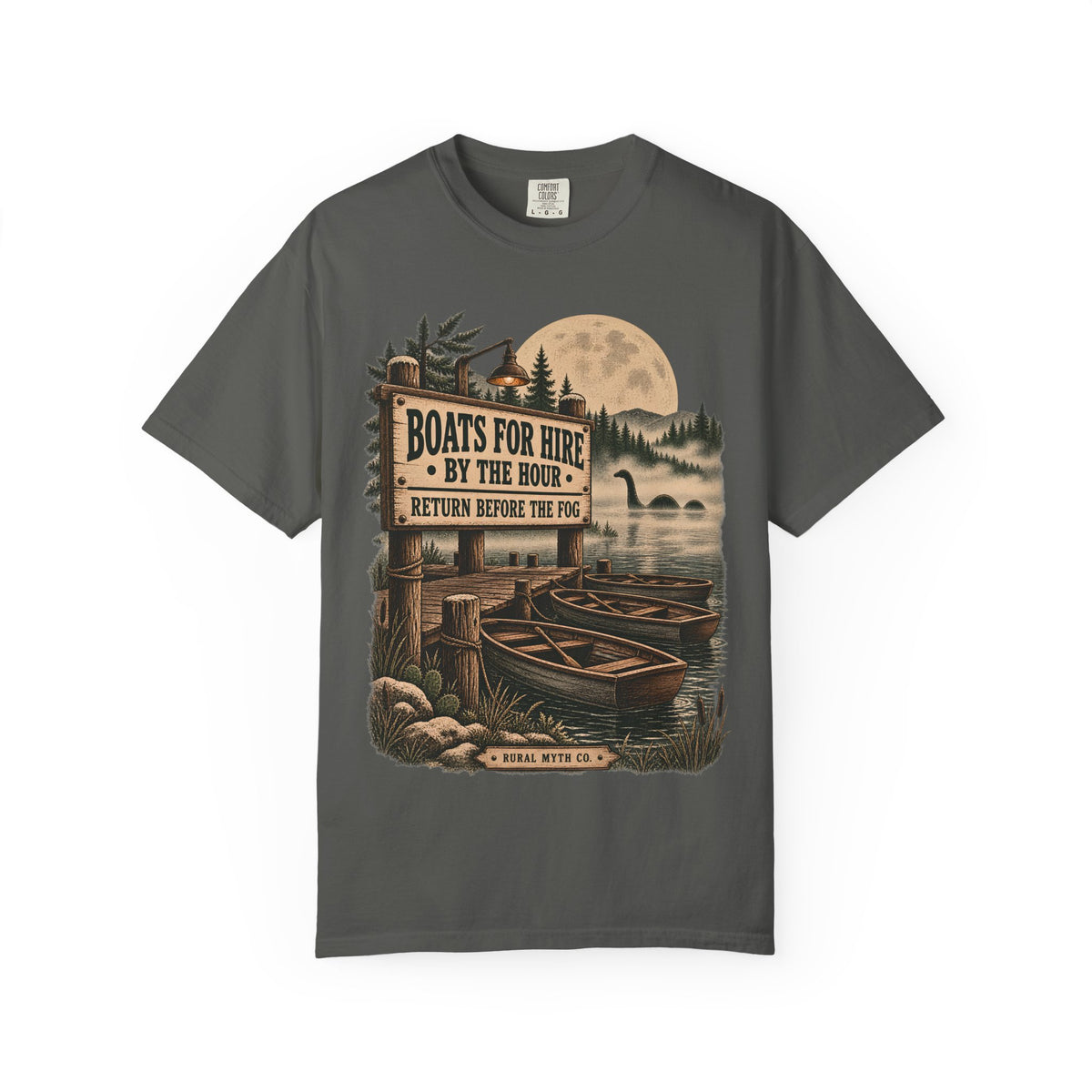 Lake Monster Boat Dock T-Shirt in Pepper, front view