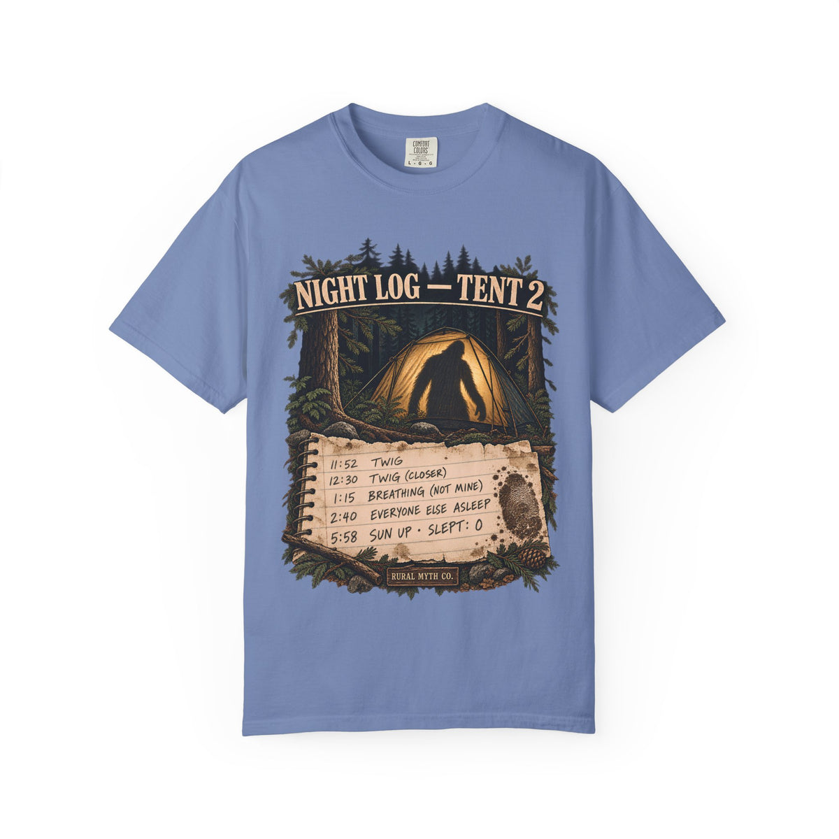 Bigfoot Camping Night Log T-Shirt in Washed Denim, front view