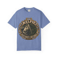 Never Mount a Kelpie T-Shirt in Washed Denim, front view