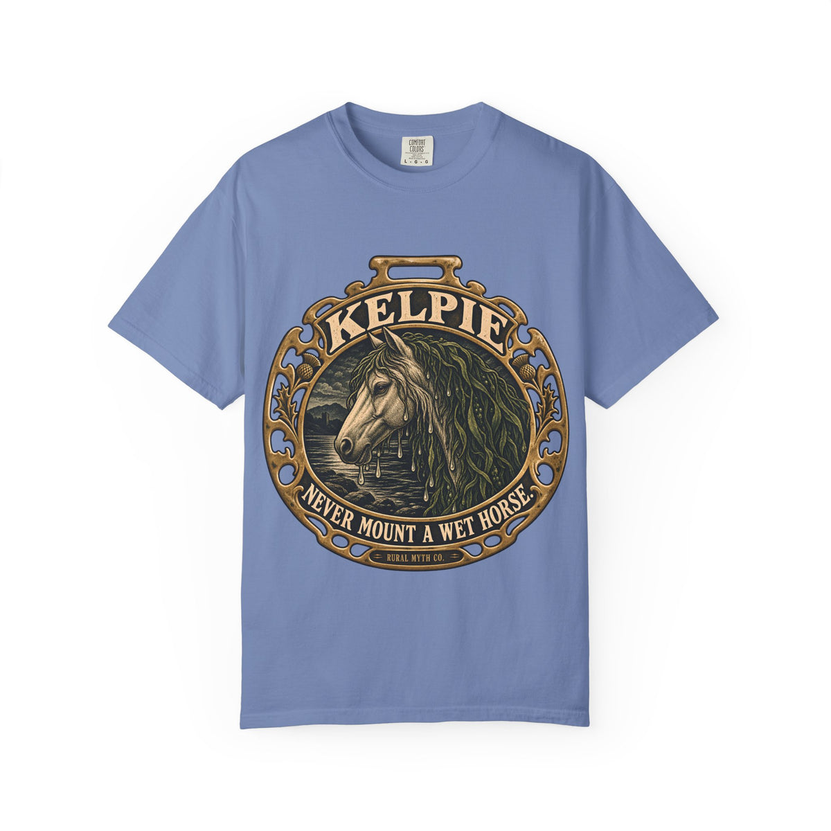 Never Mount a Kelpie T-Shirt in Washed Denim, front view