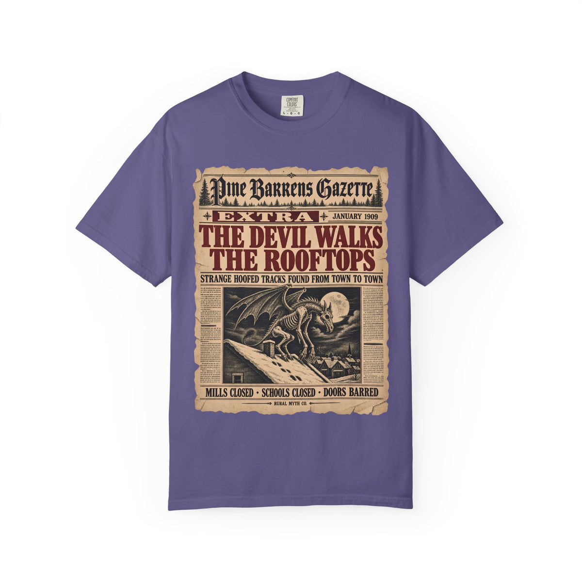 Jersey Devil Gazette Extra T-Shirt in Grape, front view