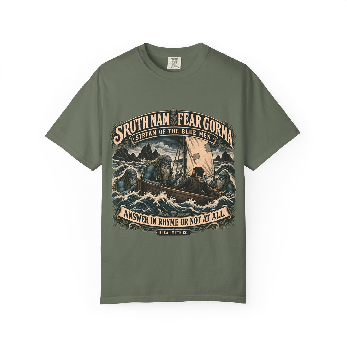 Blue Men Sea Folklore T-Shirt in Moss, front view