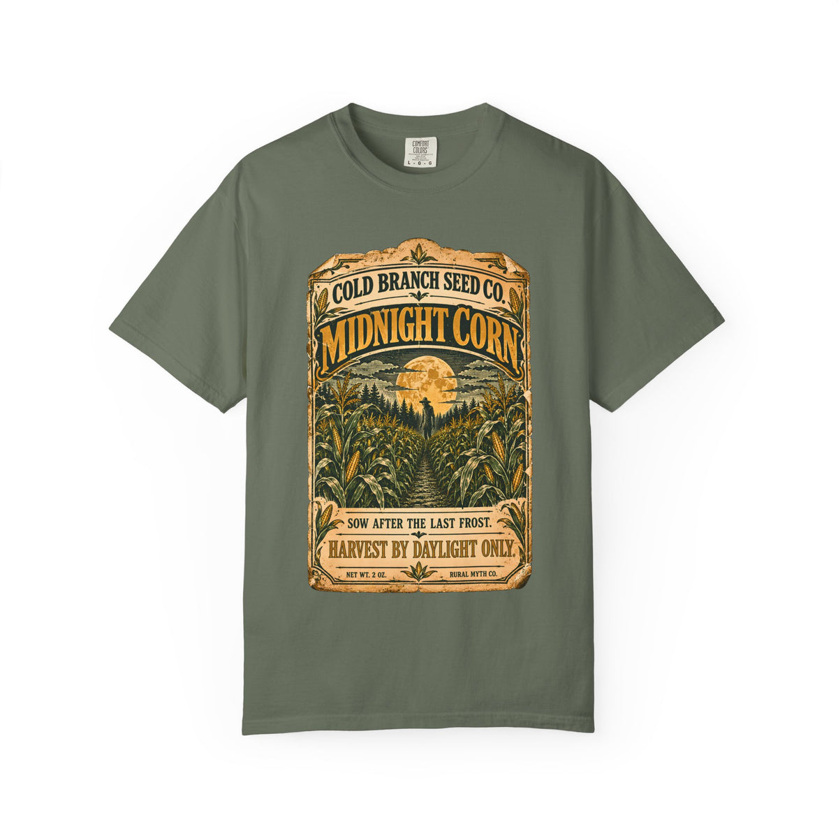 Midnight Corn Seed Packet T-Shirt in Moss, front view