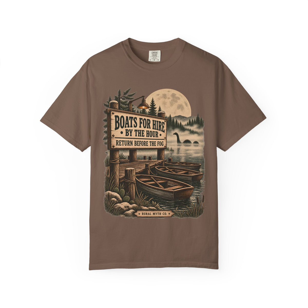 Lake Monster Boat Dock T-Shirt in Espresso, front view
