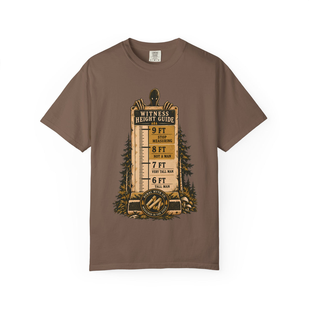 Bigfoot Witness Height Guide T-Shirt in Espresso, front view