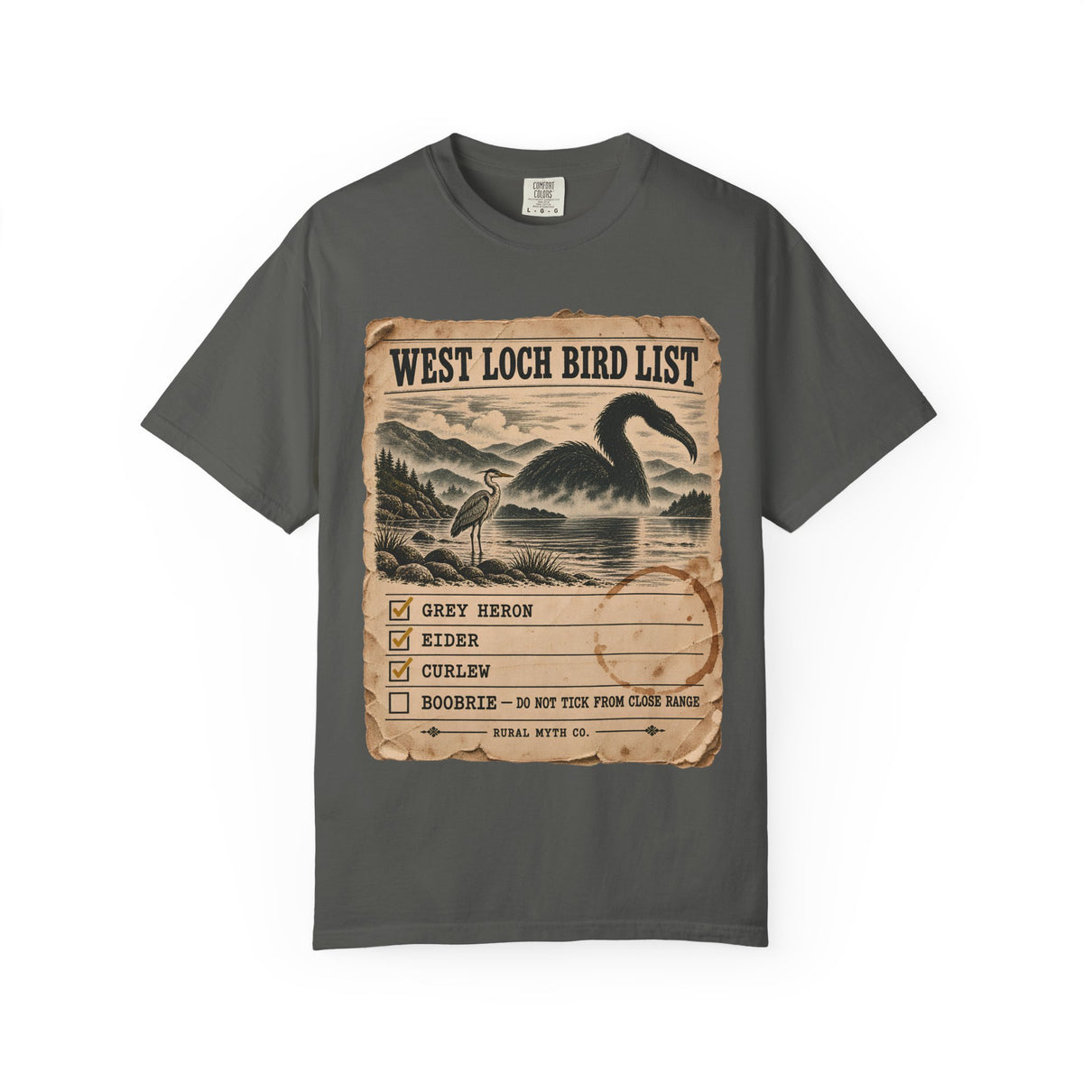 Boobrie Bird List T-Shirt in Pepper, front view