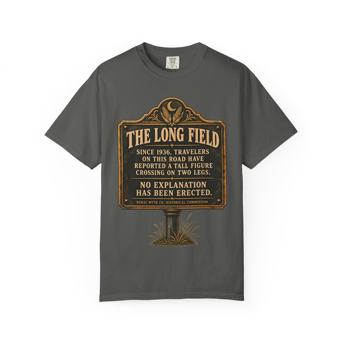 Cryptid Sighting Historical Marker T-Shirt in Pepper, front view