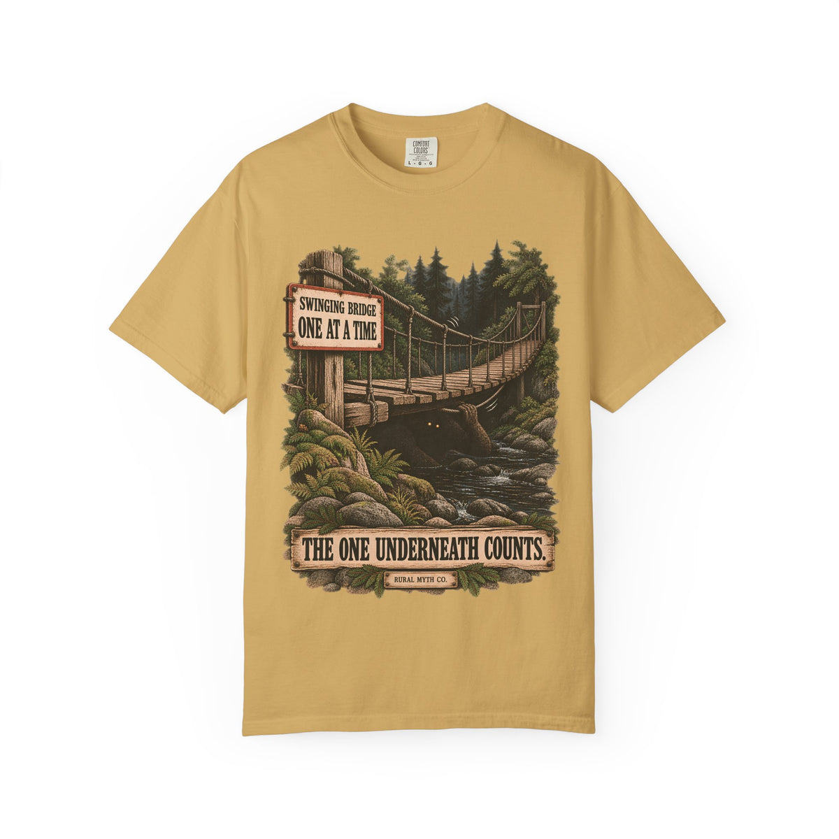 Troll Under the Bridge T-Shirt in Mustard, front view