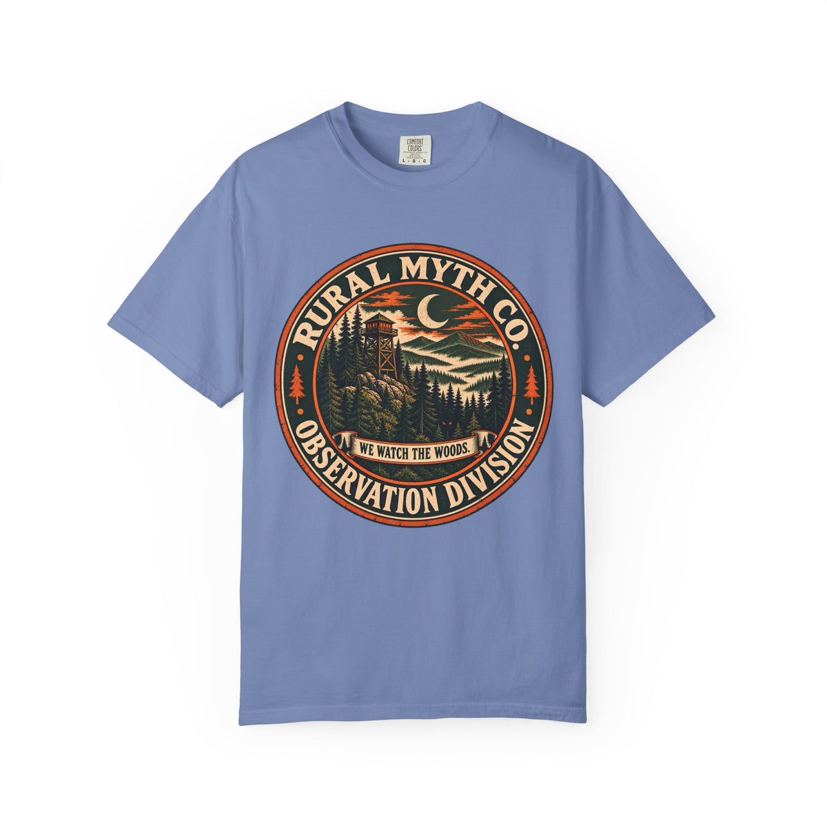 Fire Lookout Cryptid Badge T-Shirt in Washed Denim, front view