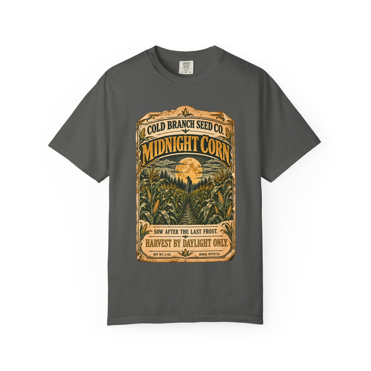 Midnight Corn Seed Packet T-Shirt in Pepper, front view