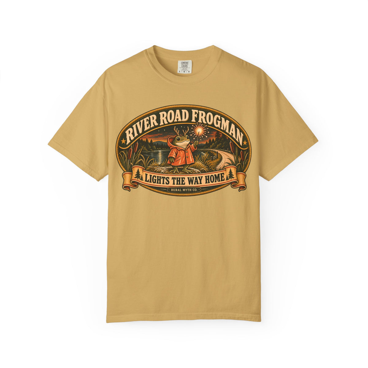 Frogman Lights the Way T-Shirt in Mustard, front view