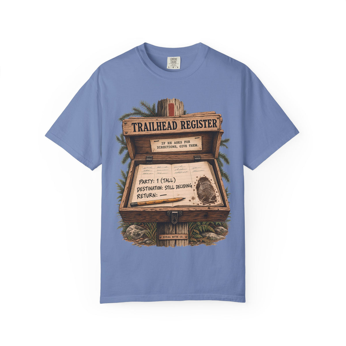 Bigfoot Trailhead Register T-Shirt in Washed Denim, front view