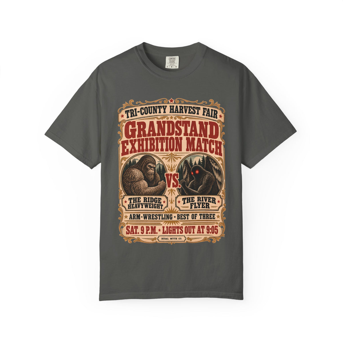 Bigfoot vs Mothman T-Shirt in Pepper, front view
