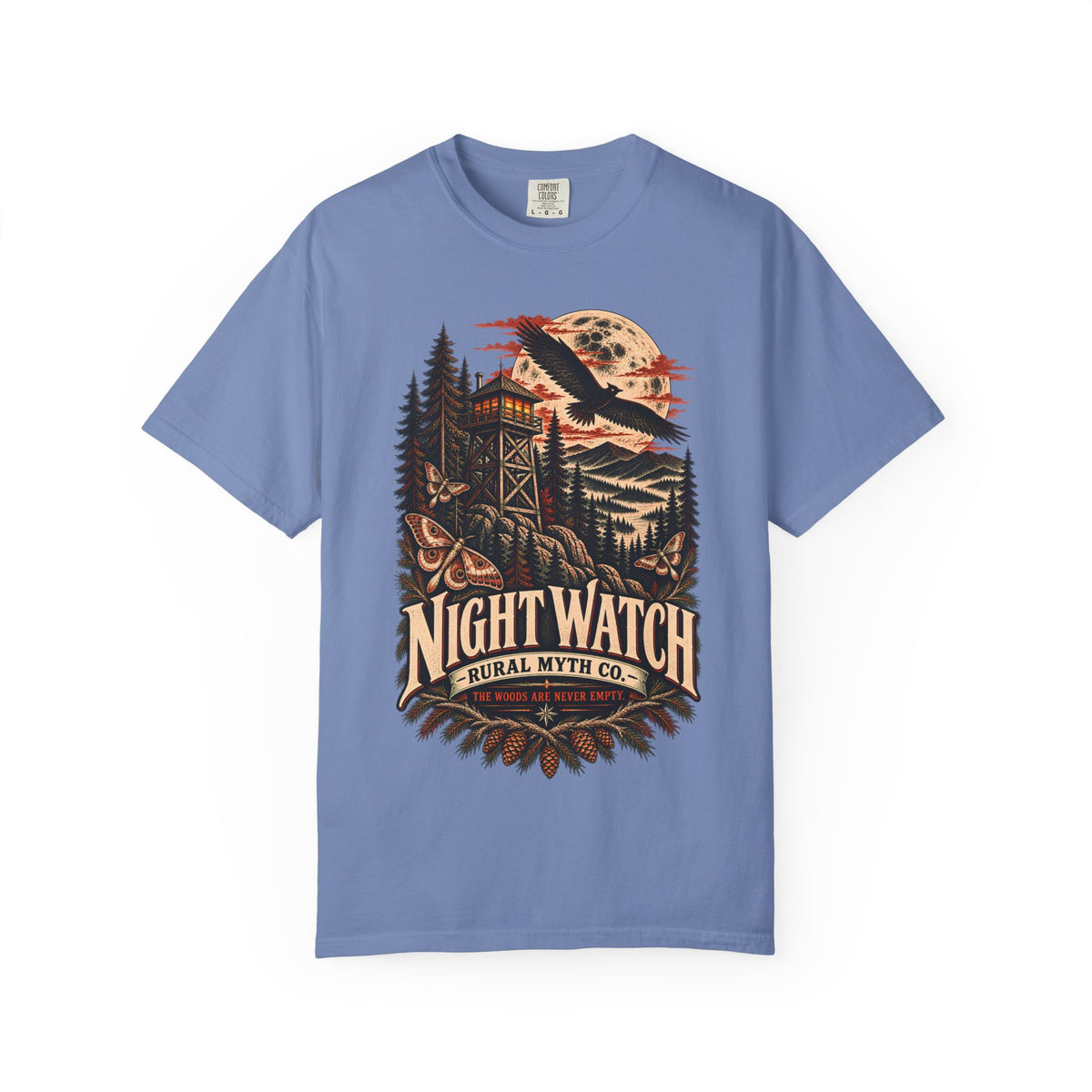 Fire Tower Night Watch T-Shirt in Washed Denim, front view