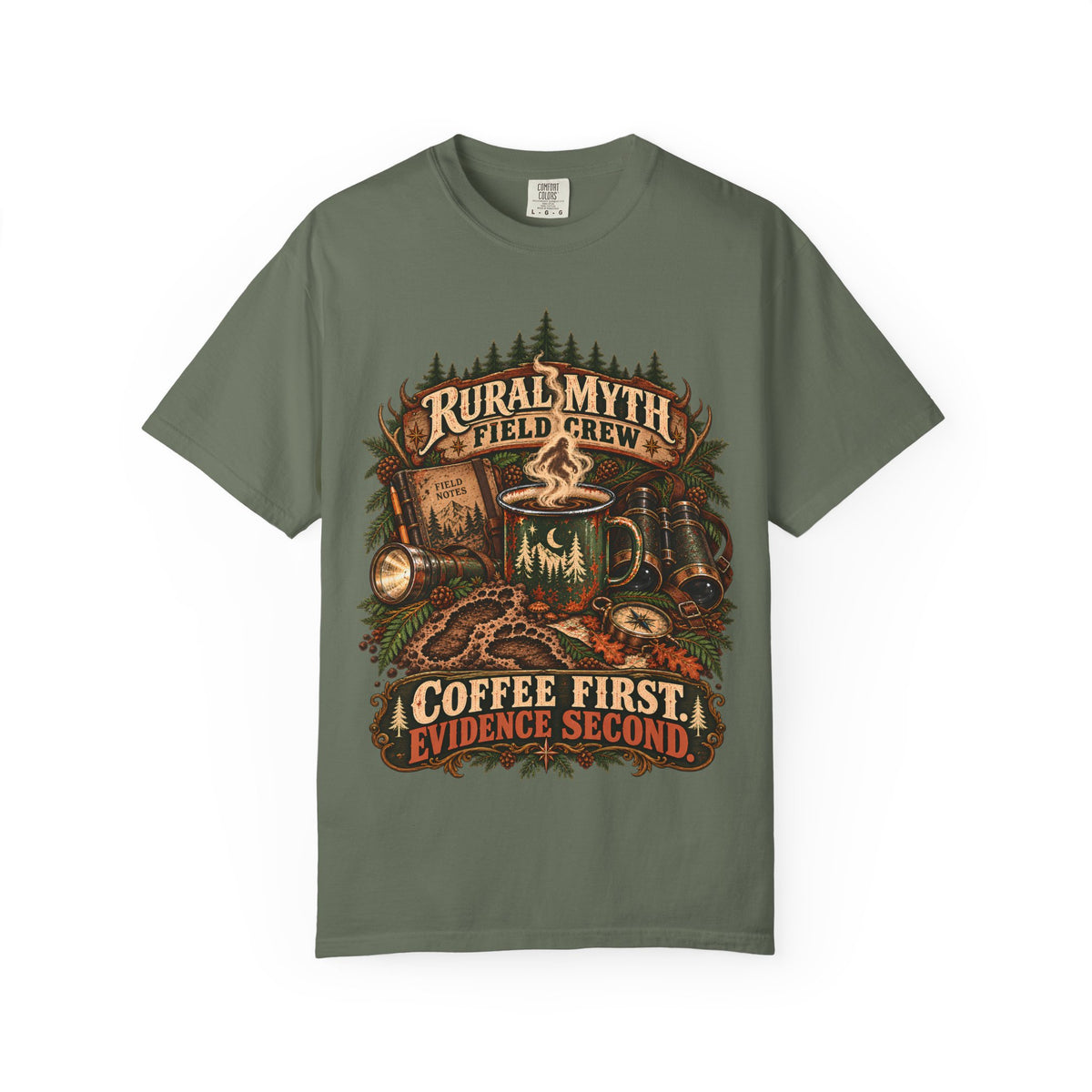 Coffee Before Cryptids T-Shirt in Moss, front view