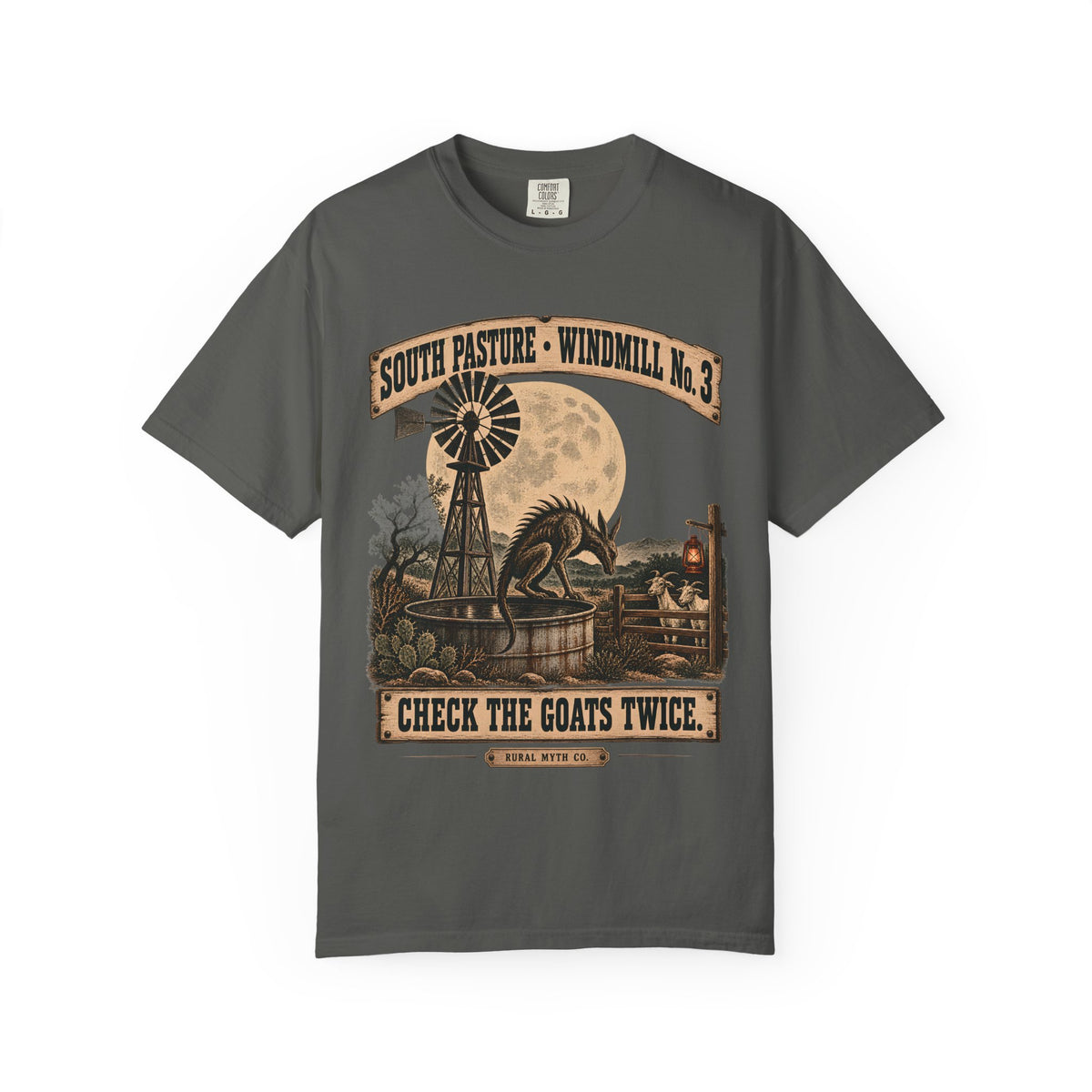 Chupacabra Ranch Windmill T-Shirt in Pepper, front view