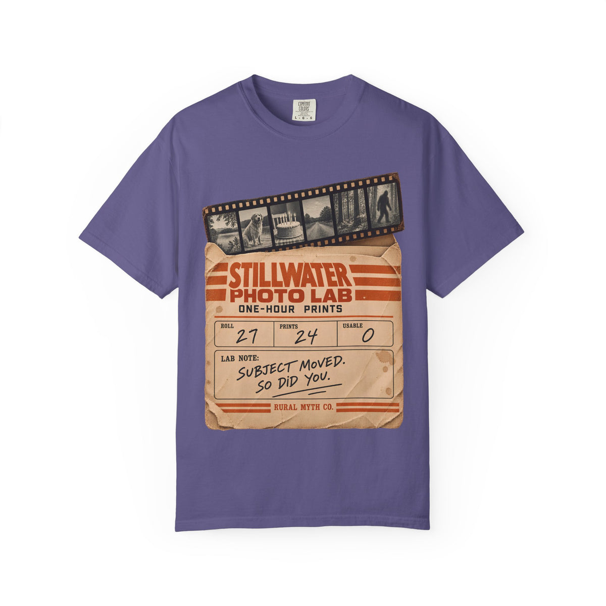Blurry Bigfoot Photo Lab T-Shirt in Grape, front view