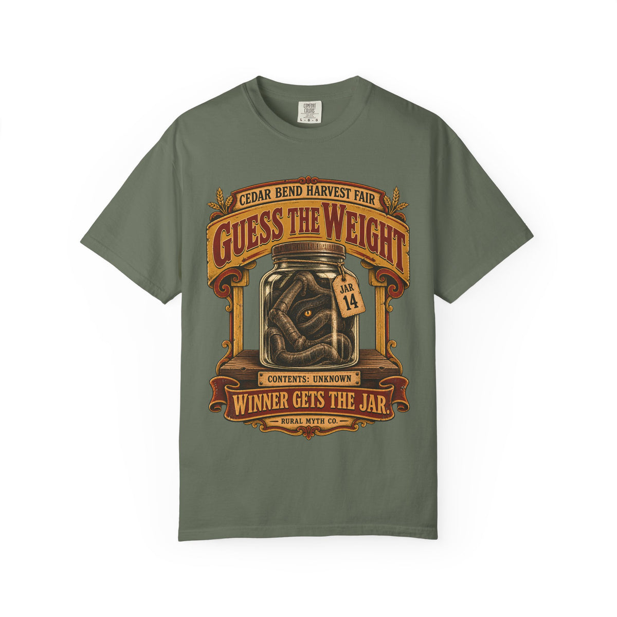 Guess the Weight Jar T-Shirt in Moss, front view