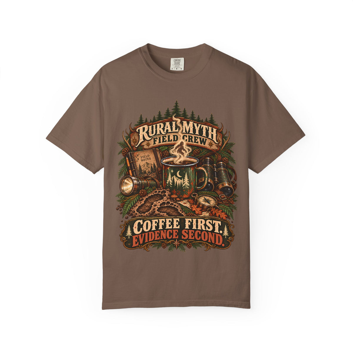 Coffee Before Cryptids T-Shirt in Espresso, front view