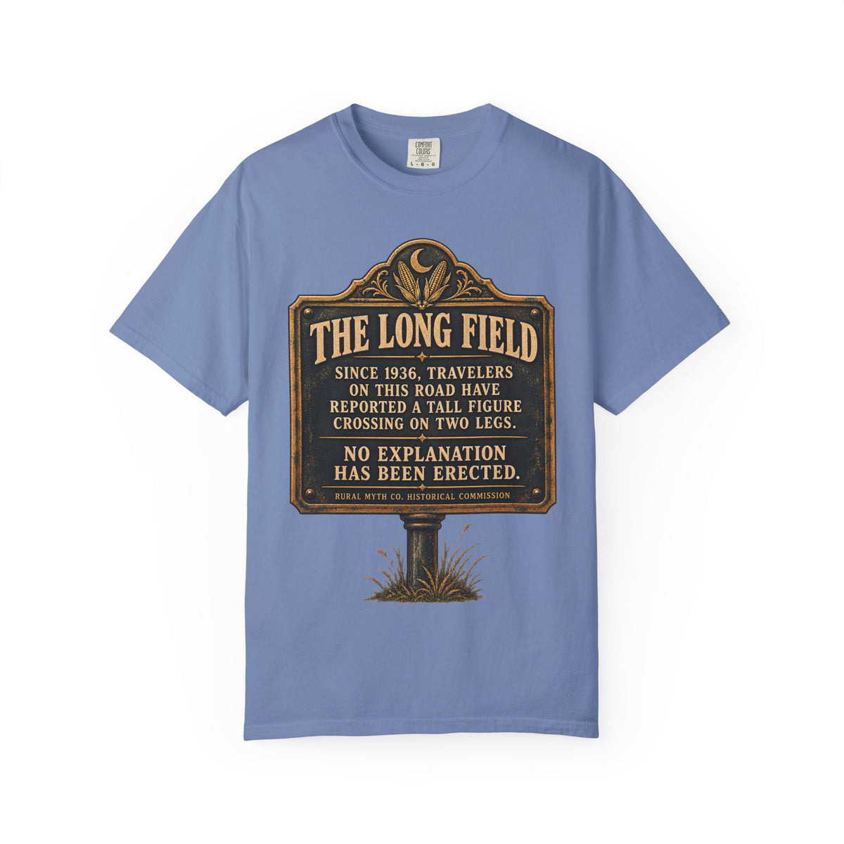 Cryptid Sighting Historical Marker T-Shirt in Washed Denim, front view