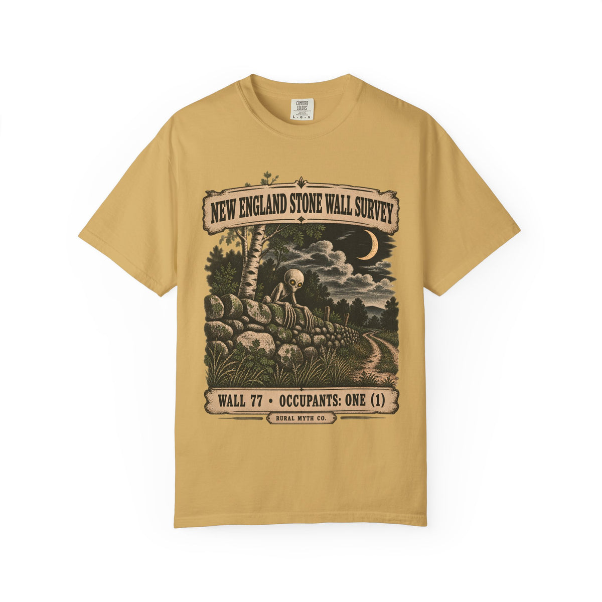 Dover Demon Stone Wall T-Shirt in Mustard, front view