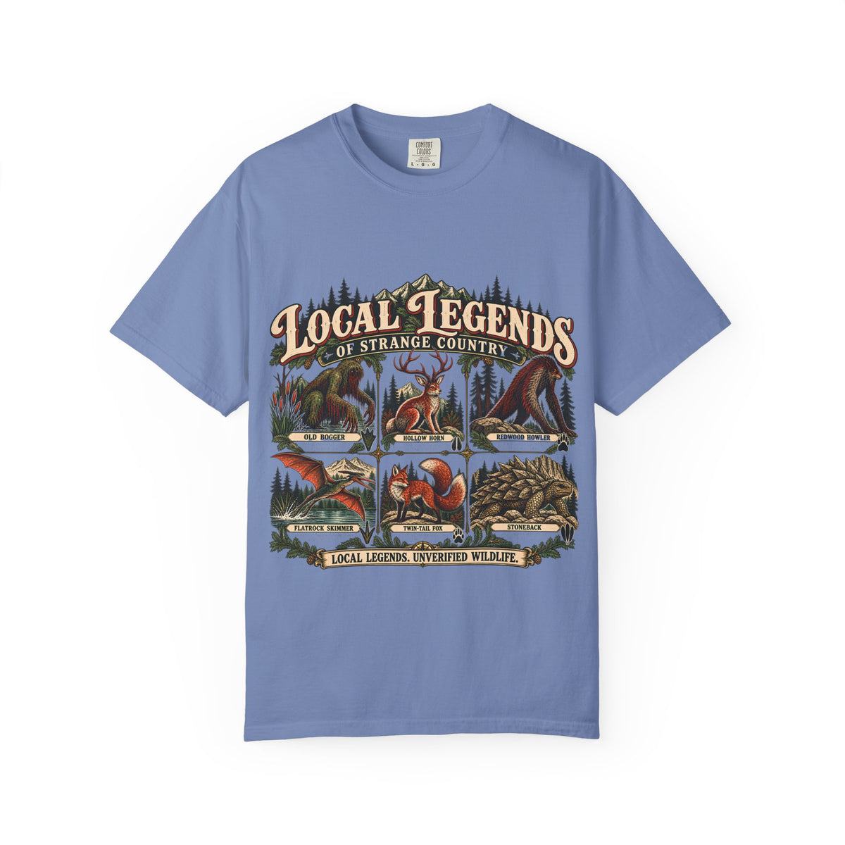 Local Legends Wildlife Chart T-Shirt in Washed Denim, front view