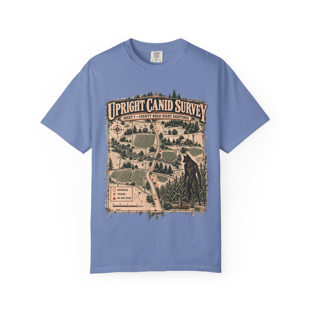 Dogman Survey Map T-Shirt in Washed Denim, front view