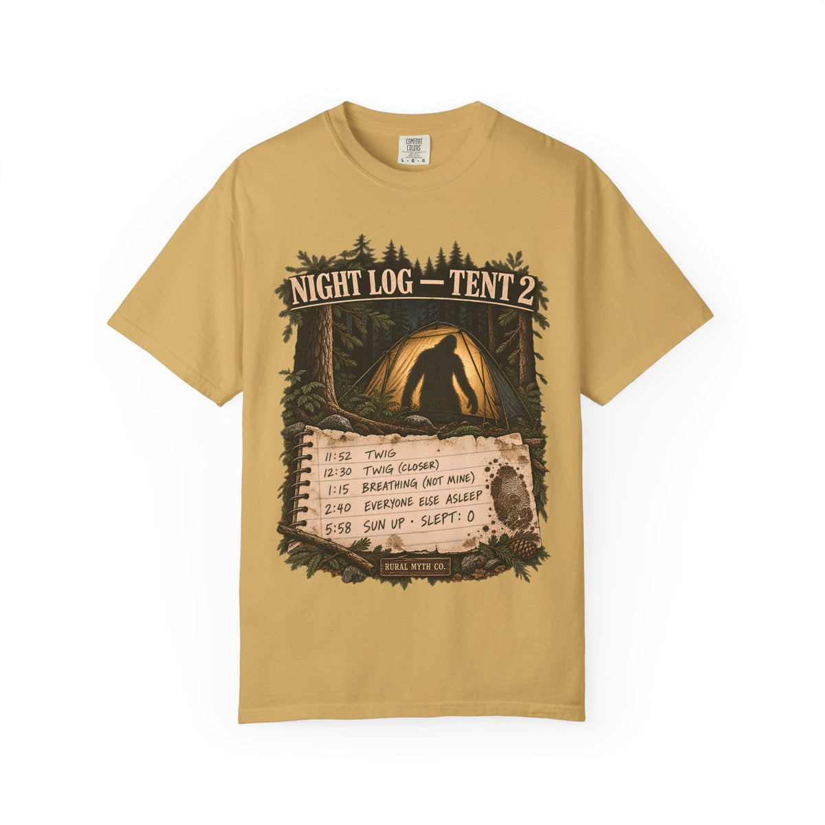 Bigfoot Camping Night Log T-Shirt in Mustard, front view