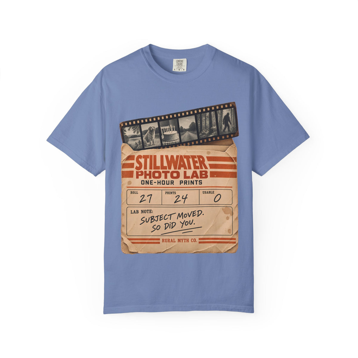 Blurry Bigfoot Photo Lab T-Shirt in Washed Denim, front view