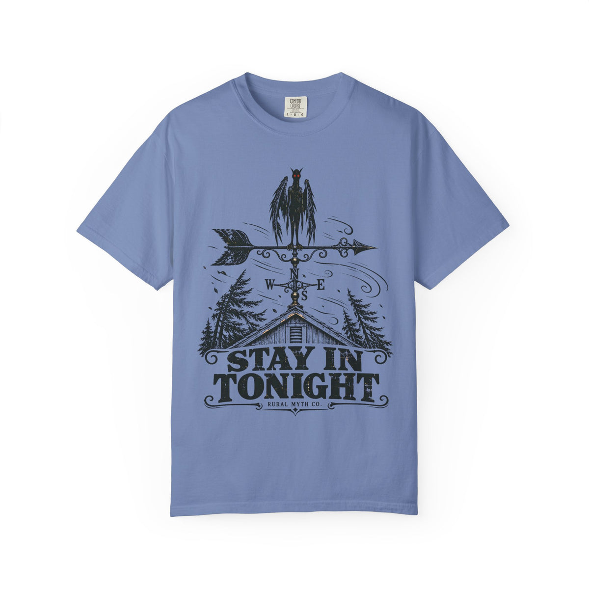 Stay In Tonight Weathervane T-Shirt in Washed Denim, front view