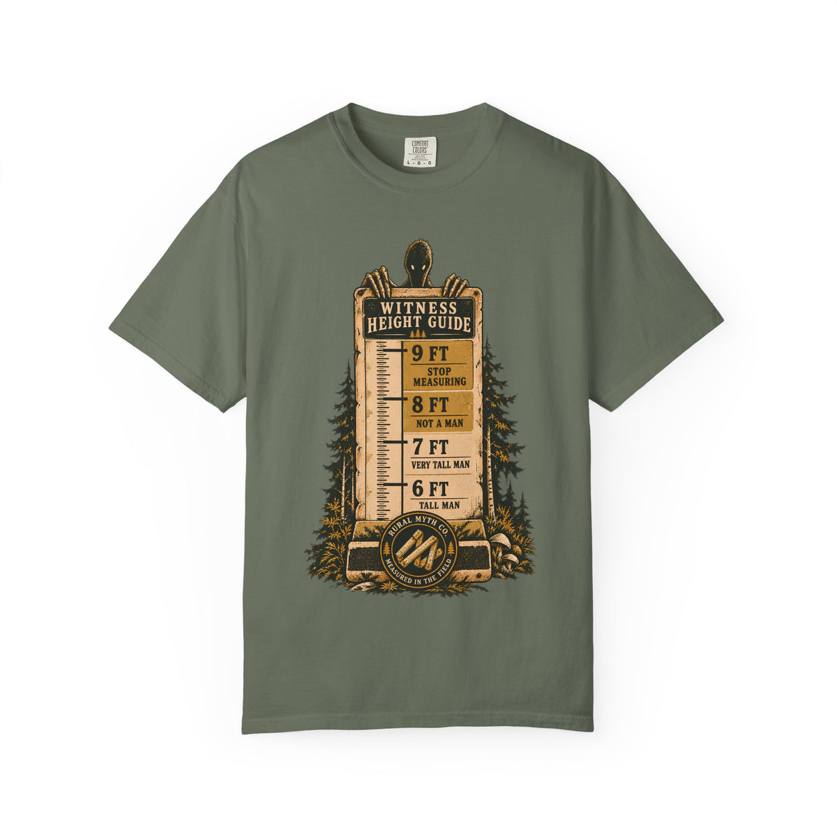 Bigfoot Witness Height Guide T-Shirt in Moss, front view