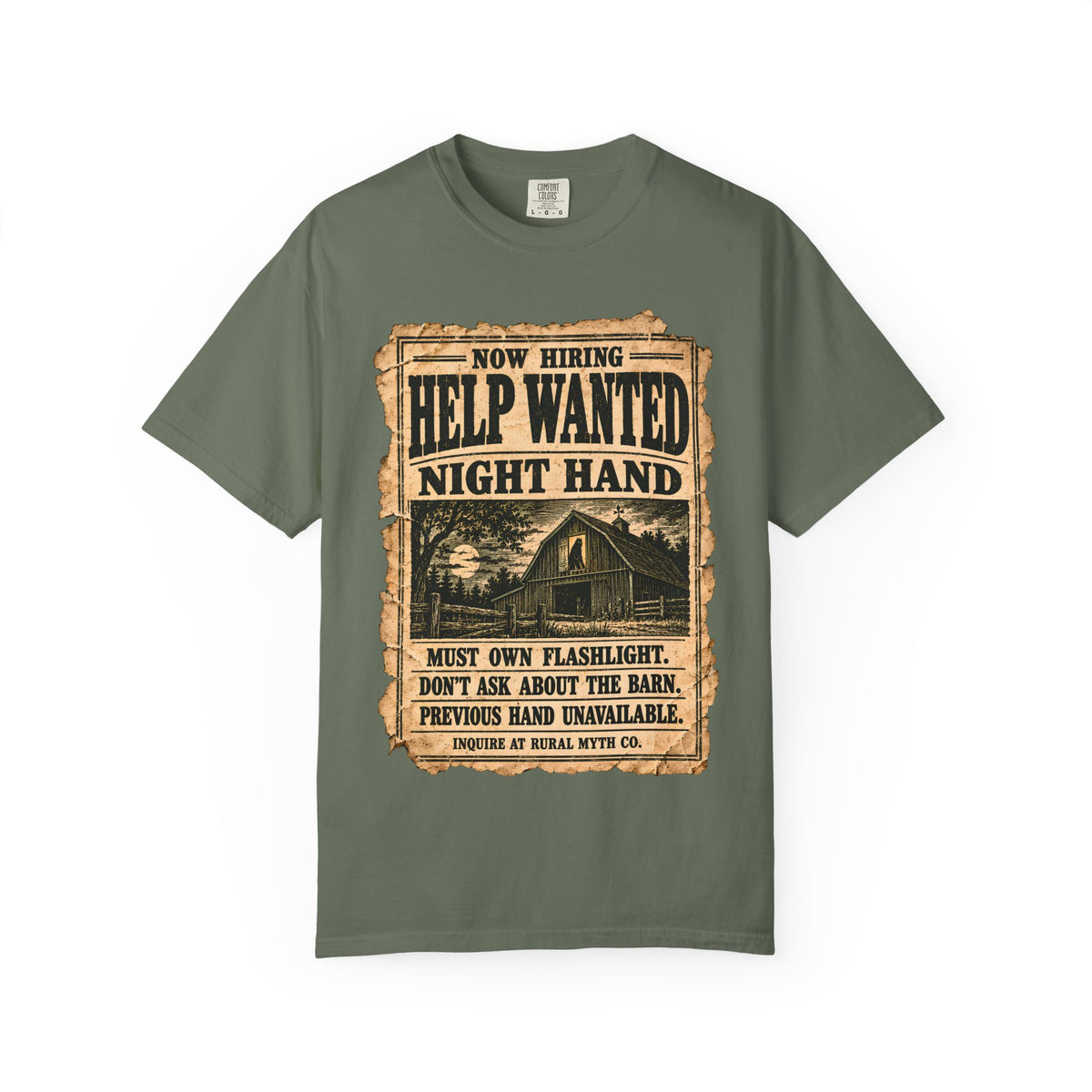 Help Wanted Night Hand T-Shirt in Moss, front view