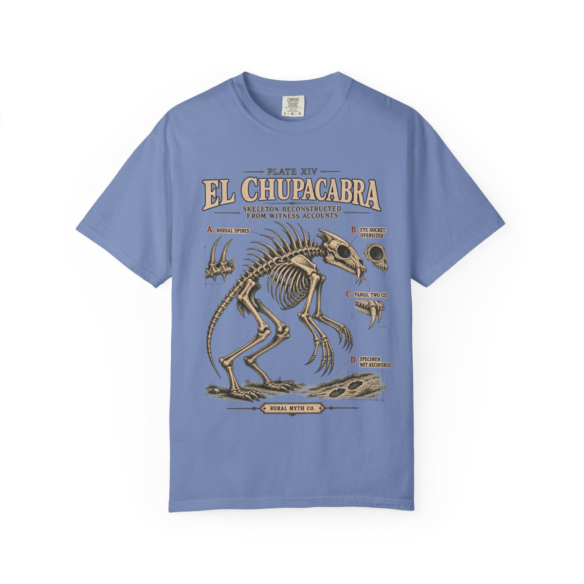Chupacabra Skeleton Plate T-Shirt in Washed Denim, front view
