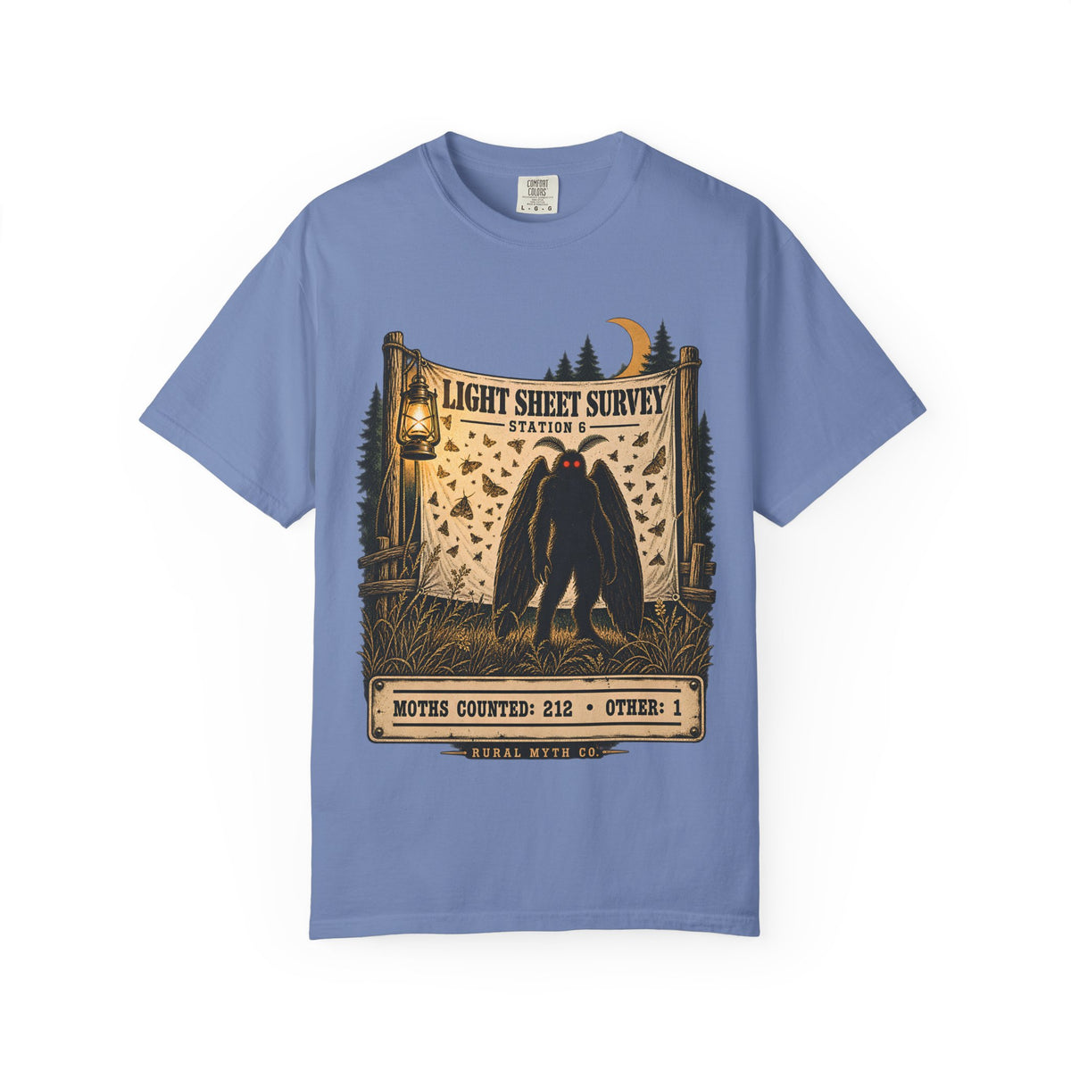 Mothman Moth Night T-Shirt in Washed Denim, front view