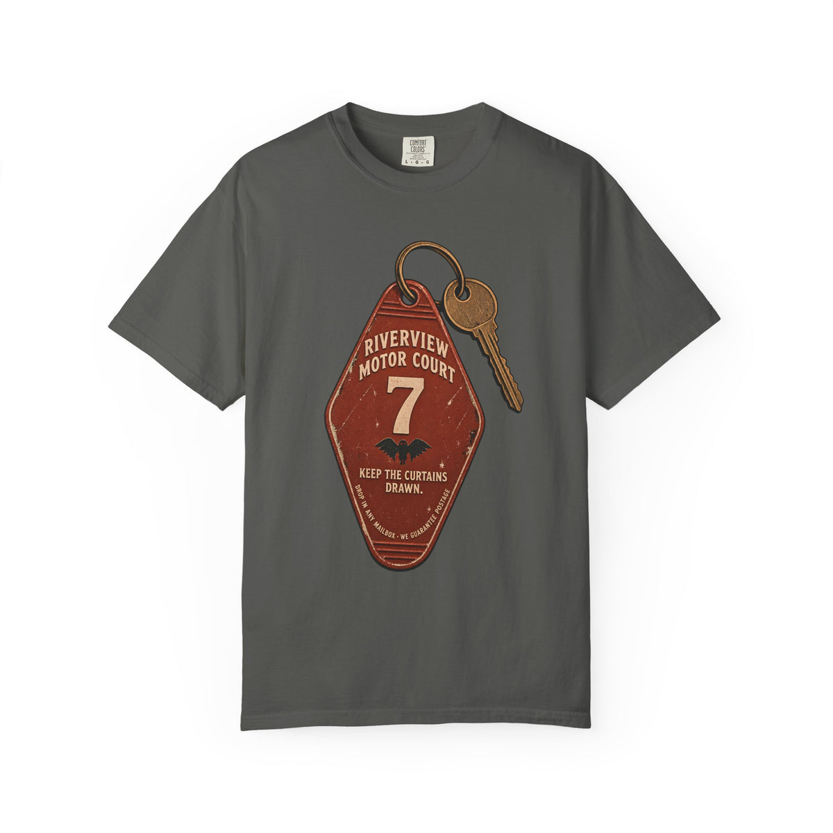 Mothman Motel Key Fob T-Shirt in Pepper, front view
