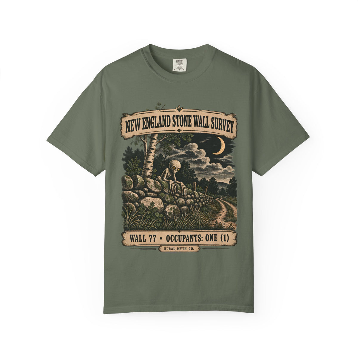 Dover Demon Stone Wall T-Shirt in Moss, front view