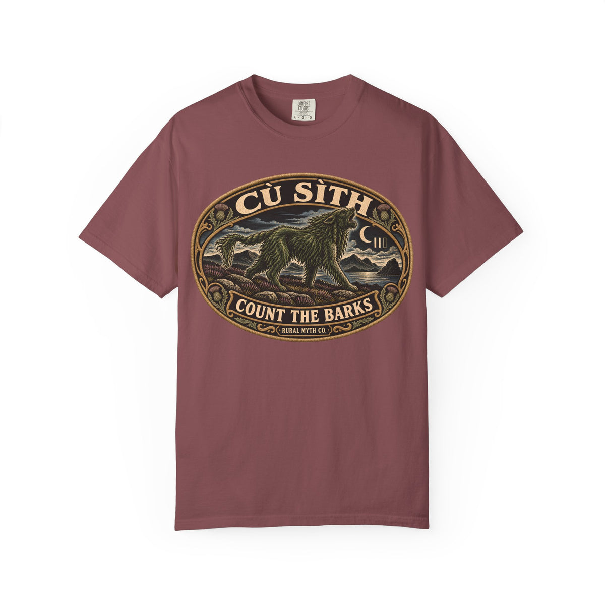 Cu Sith Fairy Hound T-Shirt in Brick, front view