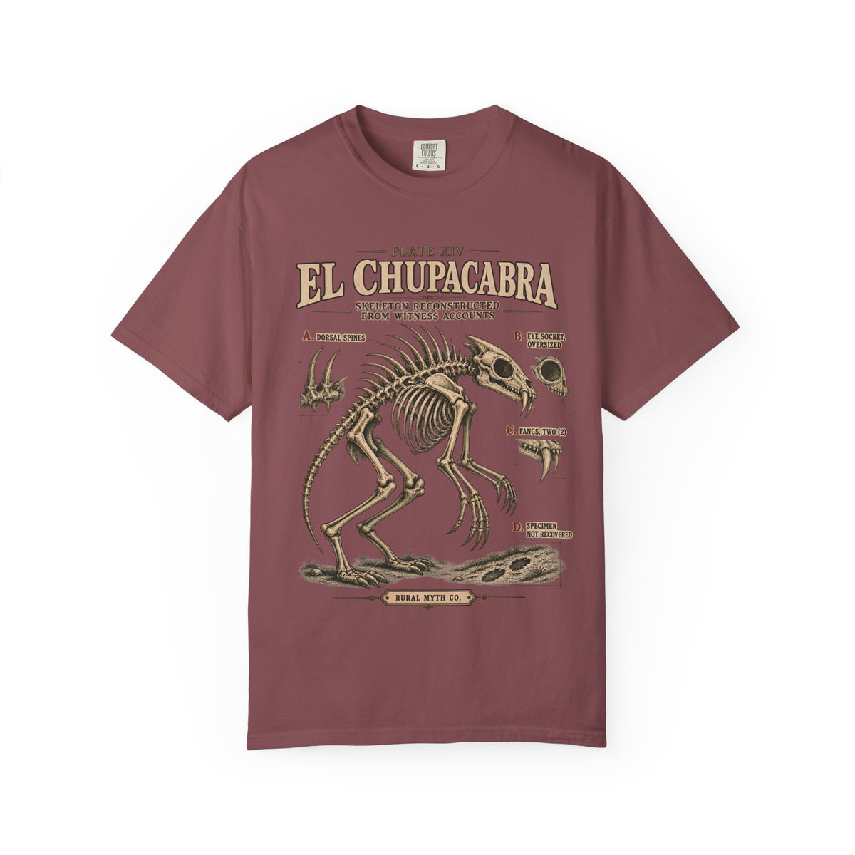 Chupacabra Skeleton Plate T-Shirt in Brick, front view