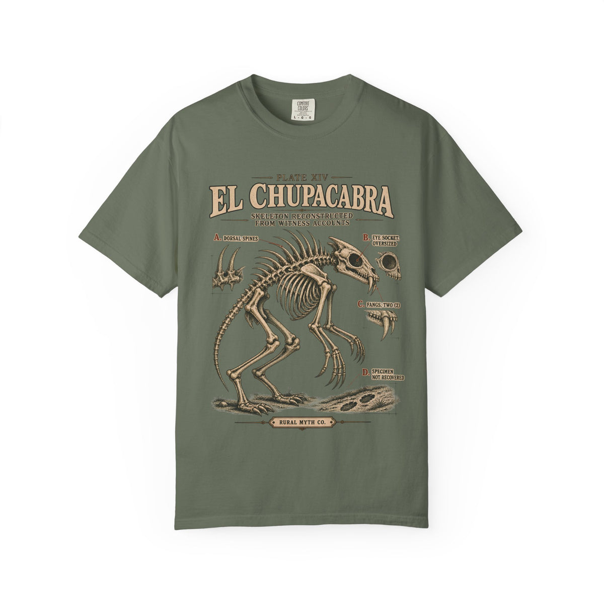 Chupacabra Skeleton Plate T-Shirt in Moss, front view