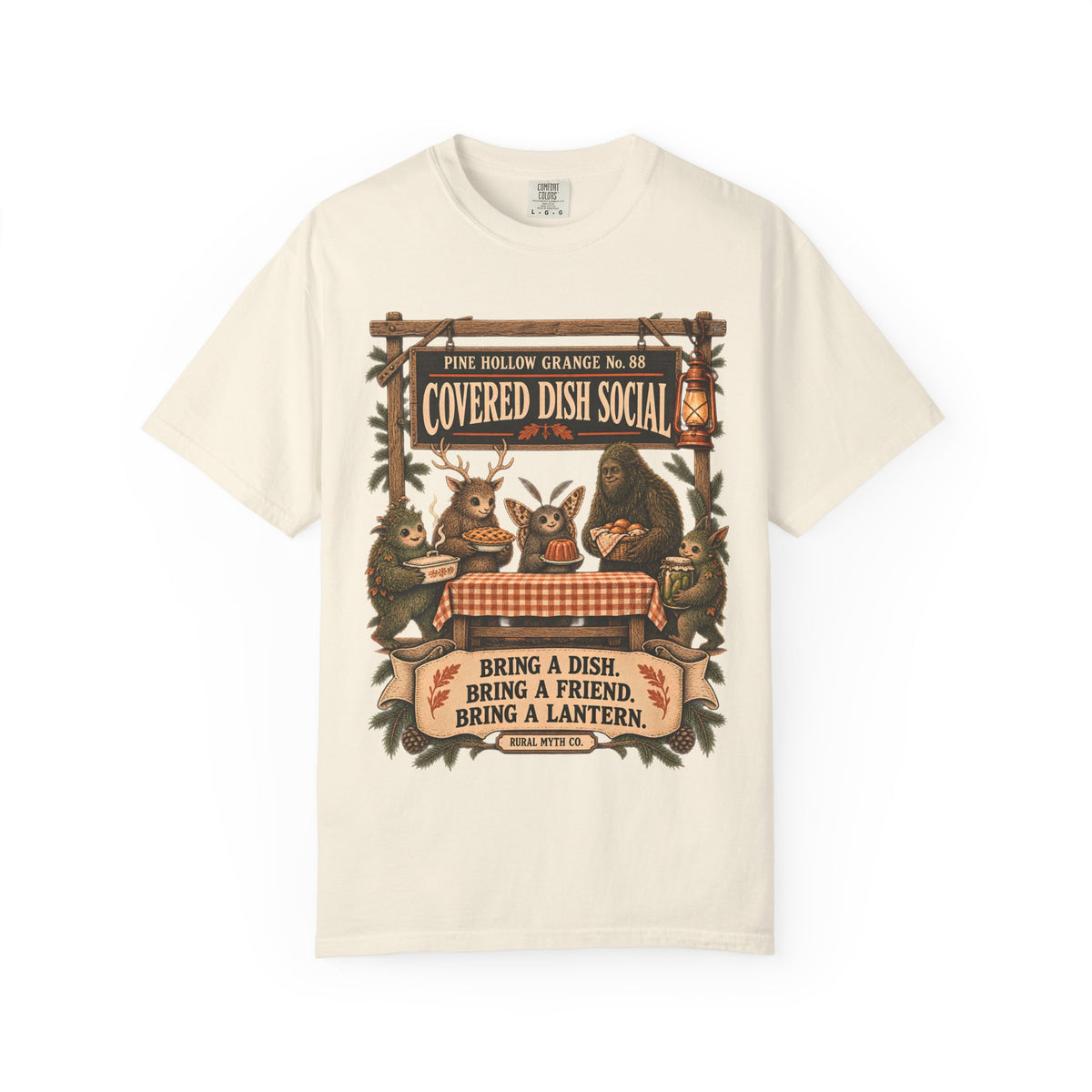Cryptid Potluck Social T-Shirt in Ivory, front view